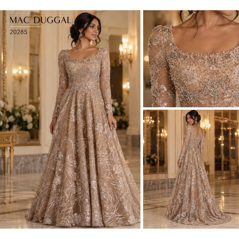 Mac Duggal 20285 Jewel Encrusted Gown 4 Gold Floral Formal Evening Wedding Dress